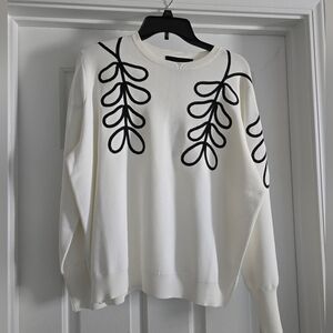 Aleeza Paris White Sweater with Black Leaf Design
